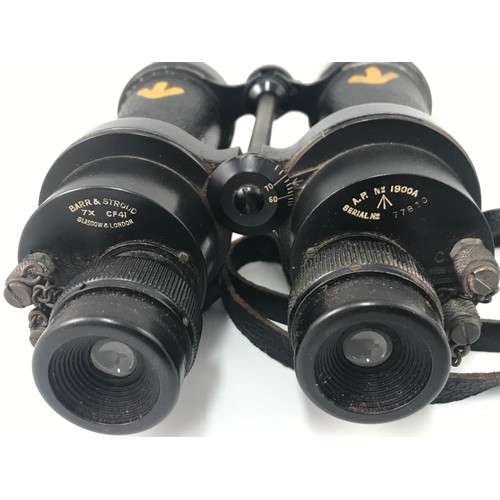 71 - MILITARY BINOCULARS, BARR & STROUD STAMPED 7X CF41, IN LEATHER CASE, PAINTED CROWS FOOT MARKINGS