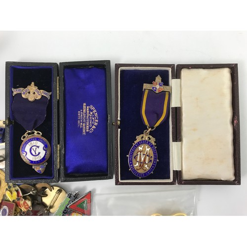 92 - MISC. ENAMELLED AND OTHER BADGES AND MEDALS INC. SOME SILVER