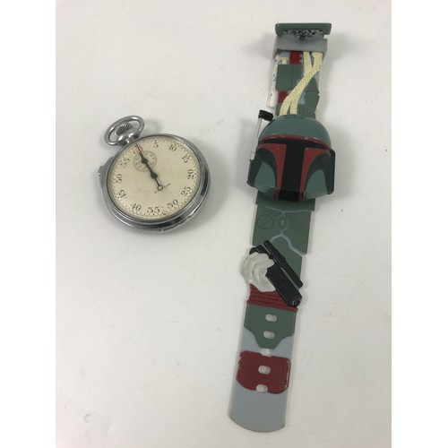 380 - STAR WARS NOVELTY WATCH AND WALTHAM STOP WATCH WITH MILITARY CROWS FOOT MARK TO REAR OF CASE