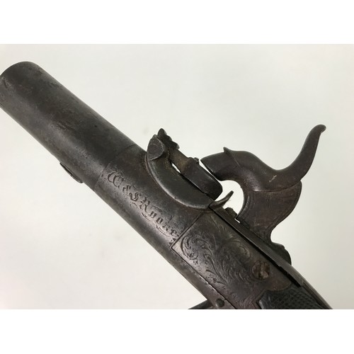 52 - EARLY 19TH CENTURY FLINT LOCK POCKET PISTOL WITH RETRACTABLE TRIGGER MARKED W&S ROOKE TOGETHER WITH ... 