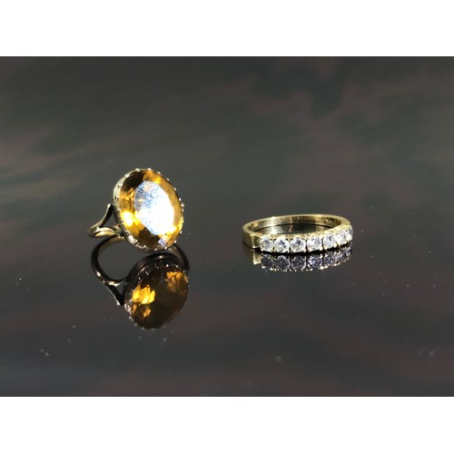 490 - HALF HOOP RING SET WITH 7 WHITE STONES AND A 9 CARAT GOLD SMOKY QUARTZ DRESS RING