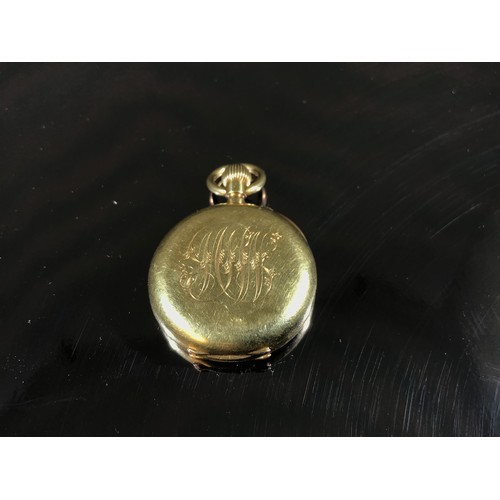 372 - SMALL 18 CARAT GOLD LADIES OPEN FACE POCKET WATCH WITH SUBSIDIARY SECONDS APPROX. 28g GROSS