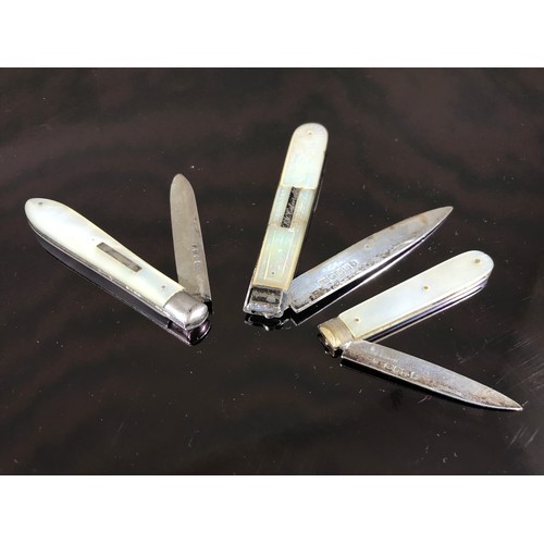 355 - 3 SILVER BLADED MOTHER OF PEARL FRUIT KNIVES AND ONE OTHER STAINLESS STEEL