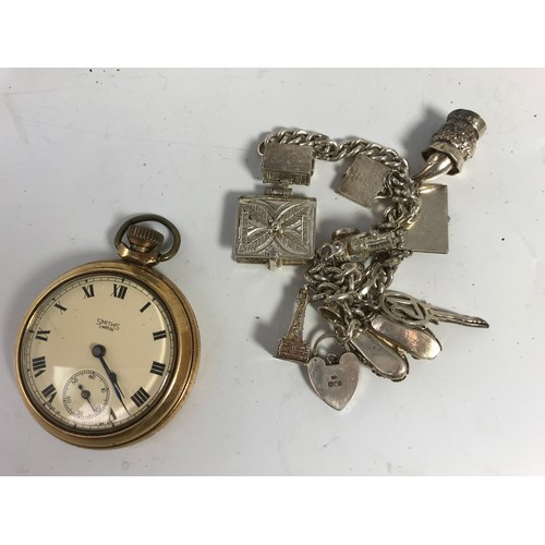 364 - MISC COSTUME JEWELLERY INC.SILVER CHARM BRACELET, SMITHS EMPIRE POCKET WATCH IN BOX ETC