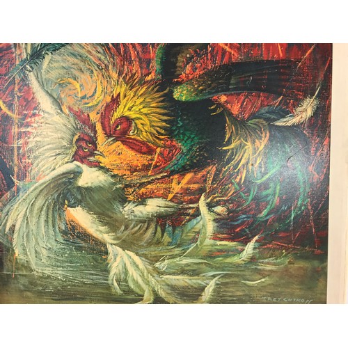 31 - 1960’S PRINT ON BOARD, FIGHTING COCKS,  V TRETCHIKOFF