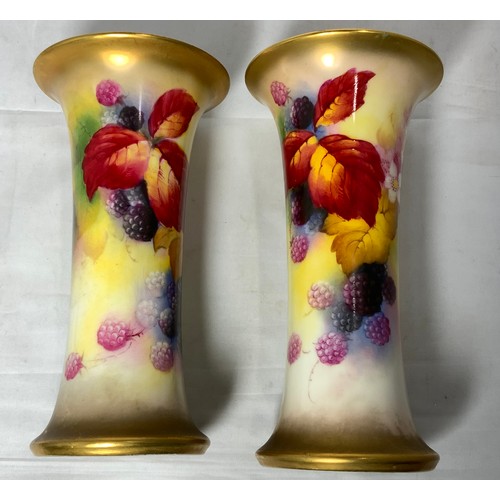 256 - PAIR OF ROYAL WORCESTER VASES, SHAPE G923, APPROX 19 cm TALL, DECORATED STILL LIFE OF FRUIT, SIG K B... 