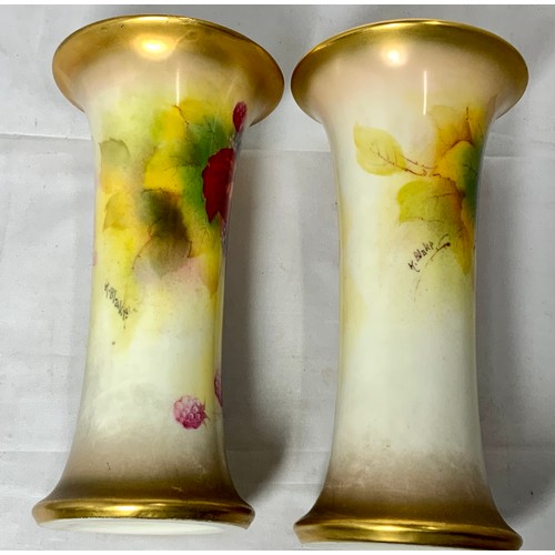 256 - PAIR OF ROYAL WORCESTER VASES, SHAPE G923, APPROX 19 cm TALL, DECORATED STILL LIFE OF FRUIT, SIG K B... 