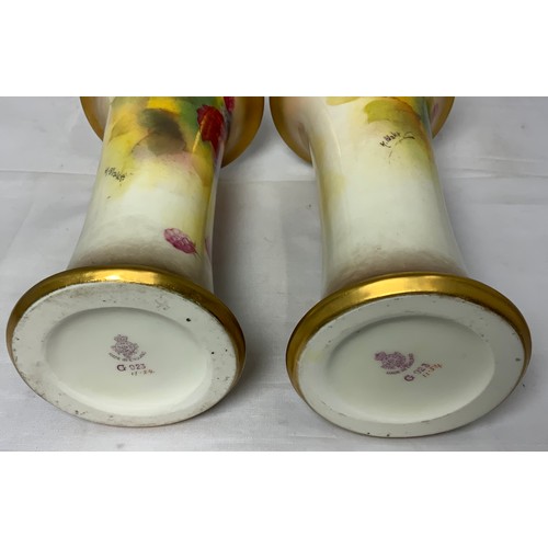 256 - PAIR OF ROYAL WORCESTER VASES, SHAPE G923, APPROX 19 cm TALL, DECORATED STILL LIFE OF FRUIT, SIG K B... 