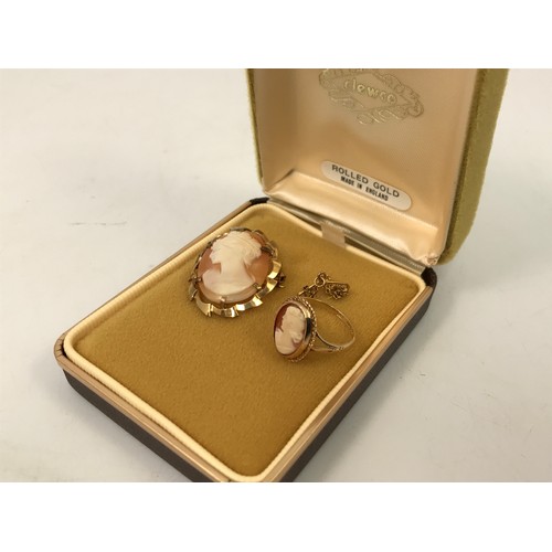 469 - 9 CARAT GOLD CAMEO RING TOGETHER WITH A CAMEO PENDANT AND BROOCH