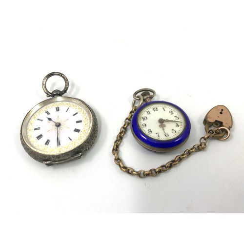 366 - 2 SILVER CASED OPEN FACE POCKET WATCHES AF, A LADIES DITTO AND A ENAMELLED LADIES POCKET WATCH AF