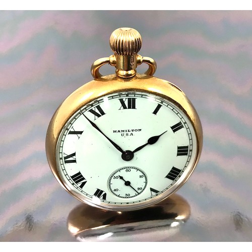 373 - HAMILTON OPEN FACE 9 CARAT GOLD CASED GENTS POCKET WATCH, APPROX. 85g GROSS