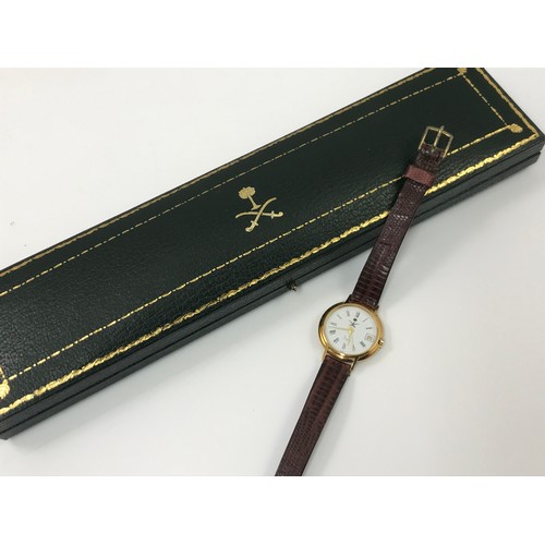 390 - LADIES 18 CARAT GOLD WRIST WATCH ON LEATHER STRAP IN ASPREYS PRESENTATION BOX -IT IS UNDERSTOOD THAT... 