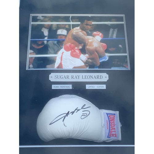 165 - SPORTING INTEREST, A FRAMED LONSDALE OF LONDON BOXING GLOVE SIGNED BY SUGAR RAY LEONARD, FISHER PROM... 