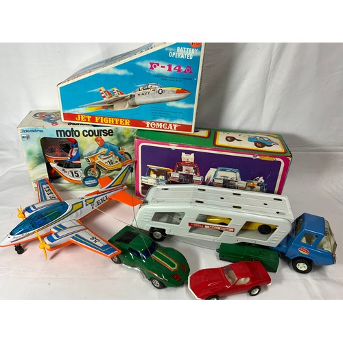 62 - TONKA CAR TRANSPORTER, TINPLATE TWIN ENGINED AIRCRAFT SUPER RALLYE, TOM CAT JET FIGHTER, MOLTO LORRY... 