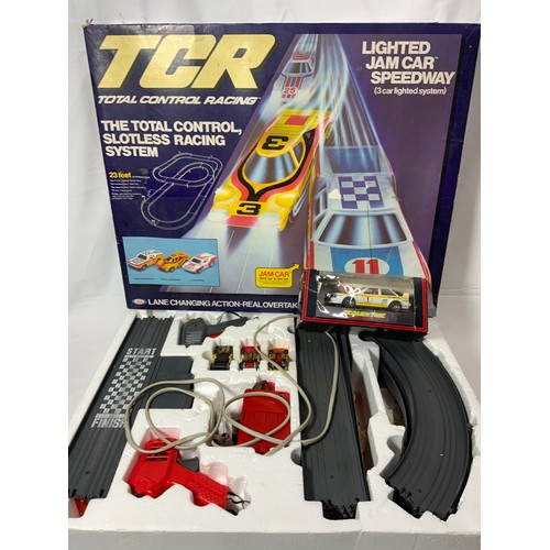 82 - TCR, LIGHTED JAM CAR SPEEDWAY SET, PLUS C349 AUDI QUATTRO SCALEXTRIC CAR