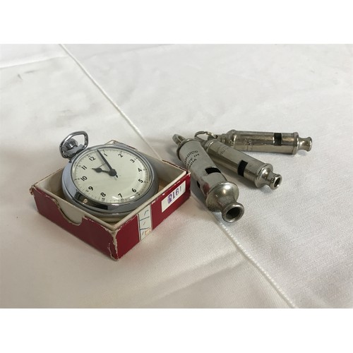 395 - 3 WHISTLES AND AN INGERSOLL STOP WATCH