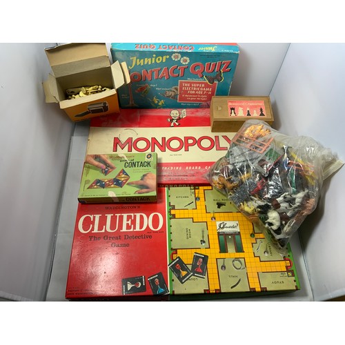 89 - MONOPOLY, CLUEDO, JUNIOR CONTACT, CONTACK, PLASTIC FARM ANIMALS. PLASTIC SOLDIERS.