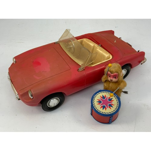 94 - JAPANESE WIND UP TIN TOY, MONKEY & DRUM, PLUS PEDIGREE PLASTIC RACING CAR