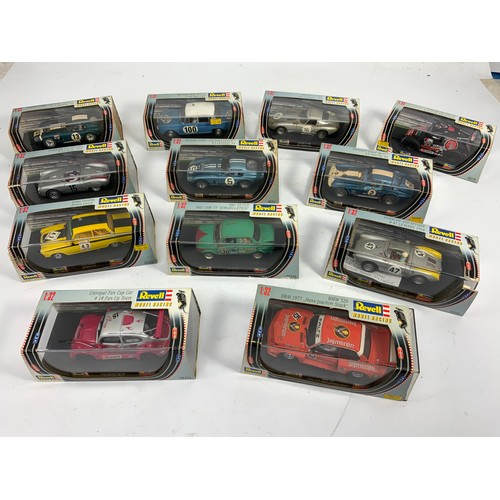 124 - 12 REVELL 1-32 SCALE MODEL RACING SLOT CARS, IN BOXED CONDITION, INC. CORVETTE, JAGUAR E TYPE, SHELB... 