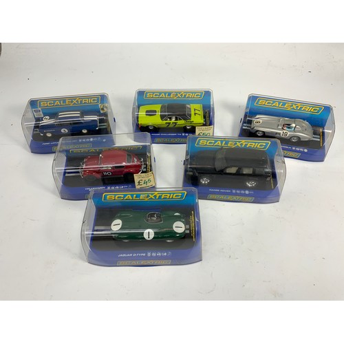 115 - SCALEXTRIC, 6 PLASTIC BOXED MODERN MOTOR RACING CARS, C3486 JAGUAR D TYPE, C3024 MERCEDES-BENZ 300 S... 