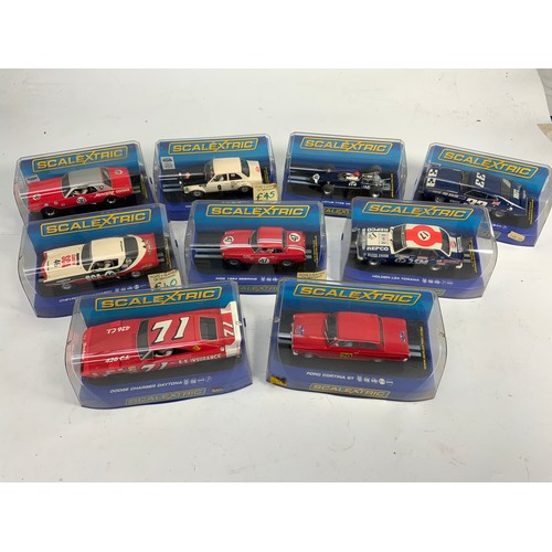 127 - 9 BOXED SCALEXTRIC MODEL SLOT CARS, COMPRISING, C3418 MERCURY COUGAR, C3316 CHEVLOT, C3083 FORD CORT... 