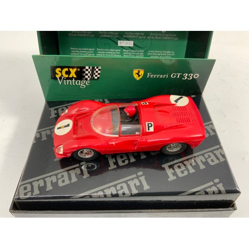 130 - 3 FLY CLASSIC BOXED SETS, STEVE MCQUEEN COLLECTION, PLUS SCX VINTAGE FERRARI GT330, BOX POOR AND SCA... 