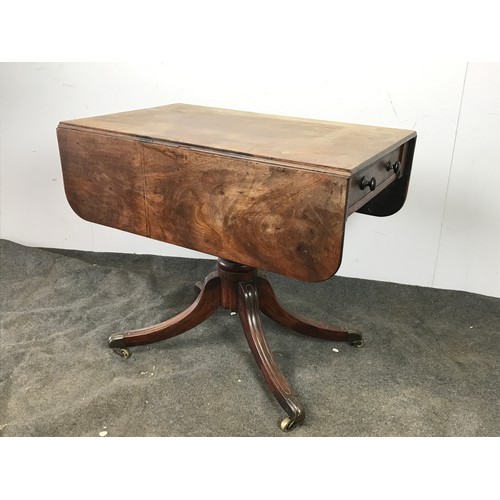 250 - MAHOGANY DROP LEAF TABLE ON TURNED PEDESTAL HAVING DRAWER AND DUMMY DRAWER ON 4 SPLAYED FLUTED LEGS