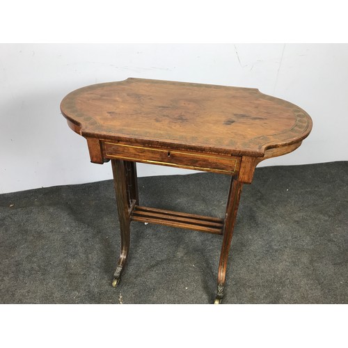 292 - BRASS INLAID MAHOGANY READING TABLE/OCCASIONAL TABLE ON BRASS CASTERS, APPROX 77 cm WIDE x 42 cm ACR... 