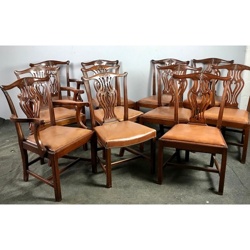 308 - 8 plus 3 CARVERS, GEORGE III STYLE DINING CHAIRS IN THE MANNER OF THOMAS CHIPPENDALE HAVING DROP IN ... 