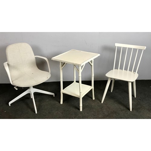 159 - MODERN CHAIR WITH SCANDINAVIAN LABEL, WHITE PAINTED BAMBOO TABLE AND A SWIVEL OFFICE CHAIR