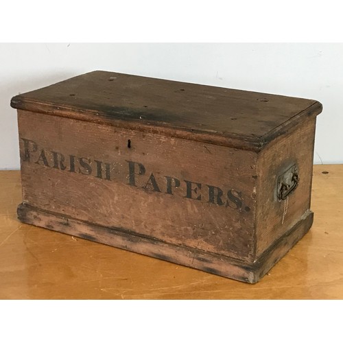 152 - SMALL, 19TH CENTURY PINE BOX WITH HINGED LID, 'PARISH PAPERS'