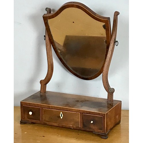 166 - GEORGIAN MAHOGANY SHEILD SHAPE DRESSING TABLE MIRROR ON 3 DRAWER BASE