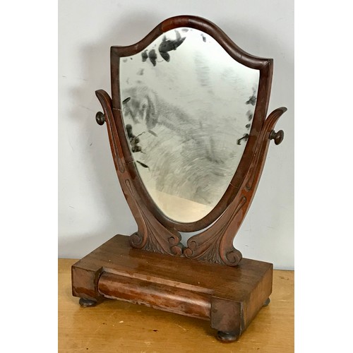 165 - SHIELD SHAPED DRESSING TABLE MIRROR ON MAHOGANY STAND