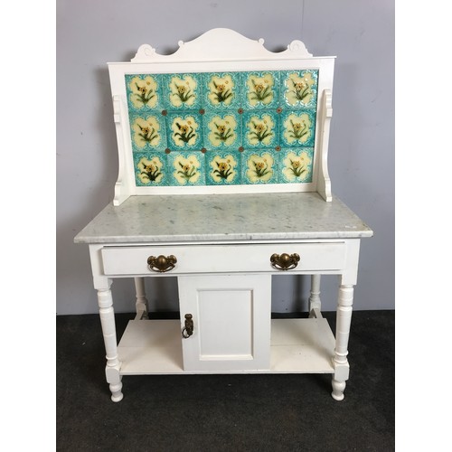 120 - MARBLE TOP PAINTED WASH STAND WITH TILED BACK