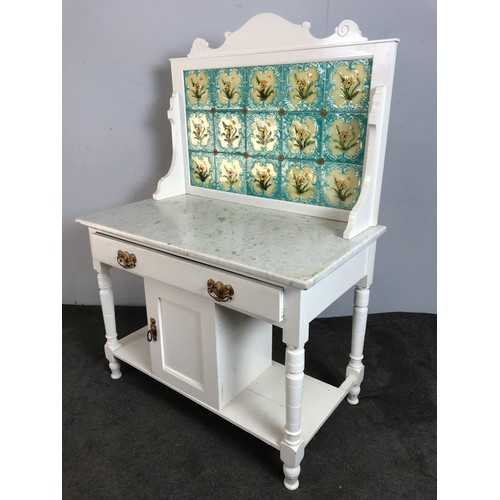 120 - MARBLE TOP PAINTED WASH STAND WITH TILED BACK