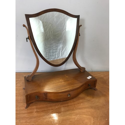 137 - SHIELD BACK DRESSING TABLE MIRROR WITH THREE DRAW BASE.