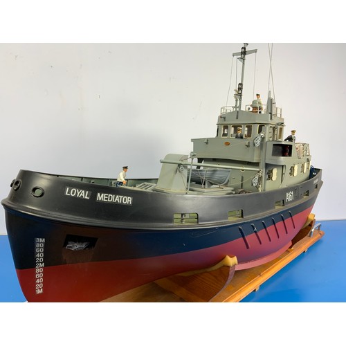 20 - RADIO CONTROLLED ROYAL FLEET AUXILIARY VESSEL, A161, LOYAL MEDIATOR, APPROX. cm LONG, ON WOODEN PLIN... 