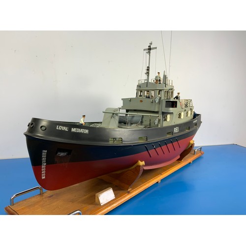 20 - RADIO CONTROLLED ROYAL FLEET AUXILIARY VESSEL, A161, LOYAL MEDIATOR, APPROX. cm LONG, ON WOODEN PLIN... 