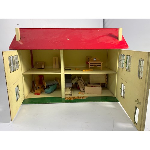 139 - VINTAGE DOLLS HOUSE, WOODEN & WITH TIN WINDOWS, SOME FURNITURE, APPROX. 80 CM X 60 CM