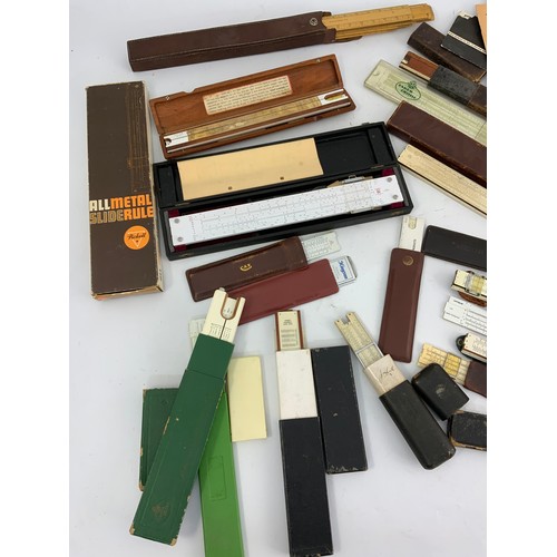 360 - VINTAGE OFFICE EQUIPMENT, SLIDE RULES, APPROX. 24 IN WOODEN & LEATHER CASES, CASTELL ADDIATOR DRP.