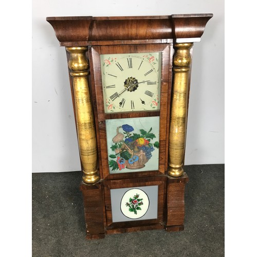 313 - AMERICAN WALL CLOCK, WITH DECORATIVE PANELS.