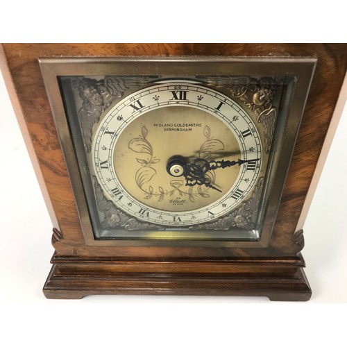 318 - MIDLAND GOLDSMITHS BIRMINGHAM MANTLE CLOCK 24cm TALL,  17cm WIDE , FACE 9cm SQUARE