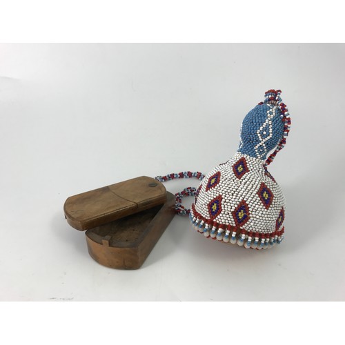 581 - GOURD WITH BEADED COVER TOGETHER WITH AN OLIVE WOOD BOX