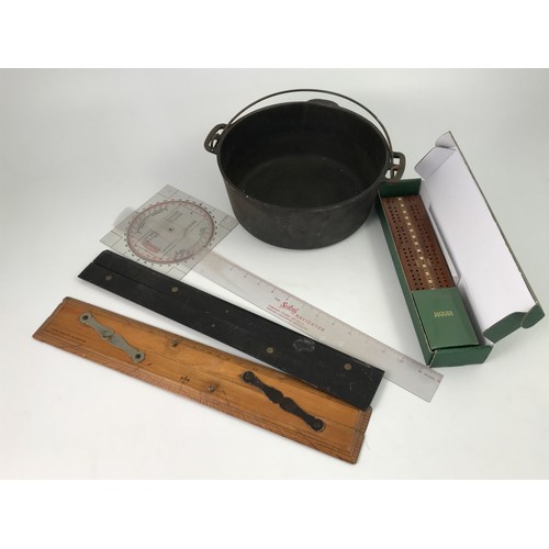 506 - MISC. ITEMS INC. PRESERVE PAN, VARIOUS RULERS AND JACQUES CRIBBAGE BOARD IN ORIGINAL BOX