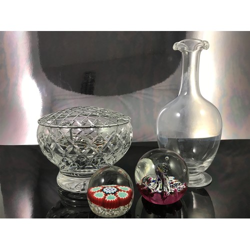 299 - 2 GLASS PAPERWEIGHTS TOGETHER WITH GLASS VASE AND A ROSE BOWL