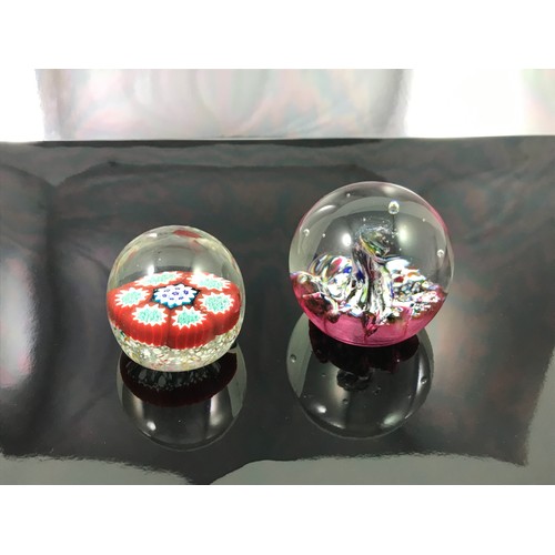 299 - 2 GLASS PAPERWEIGHTS TOGETHER WITH GLASS VASE AND A ROSE BOWL