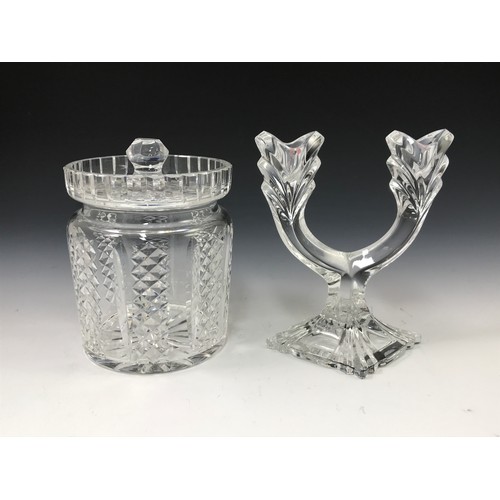 288 - A GLASS CANDELABRA, AND 4 POTS/JARS