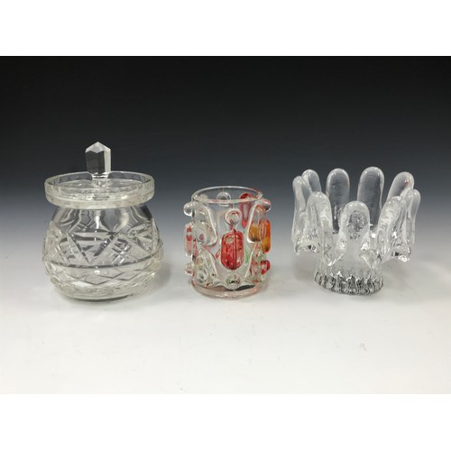 288 - A GLASS CANDELABRA, AND 4 POTS/JARS