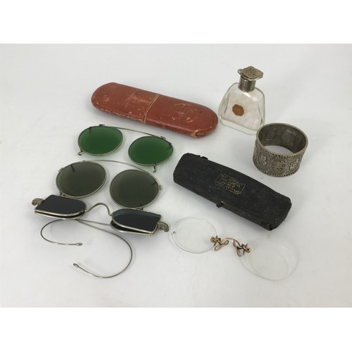 601 - MISC. ITEMS INC. OLD SPECTACLES, PILL BOTTLE WITH SILVER COLLAR, ORIENTAL SERVIETTE RING