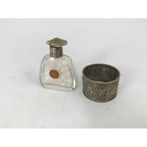 601 - MISC. ITEMS INC. OLD SPECTACLES, PILL BOTTLE WITH SILVER COLLAR, ORIENTAL SERVIETTE RING